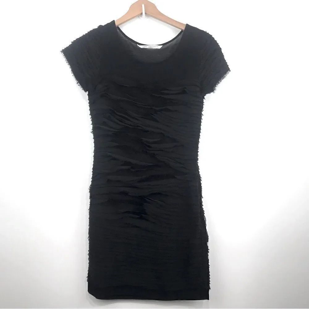 Diane Von Furstenberg Black Chiffon Tiered Ruffle Short Sleeve Stretch Dress
